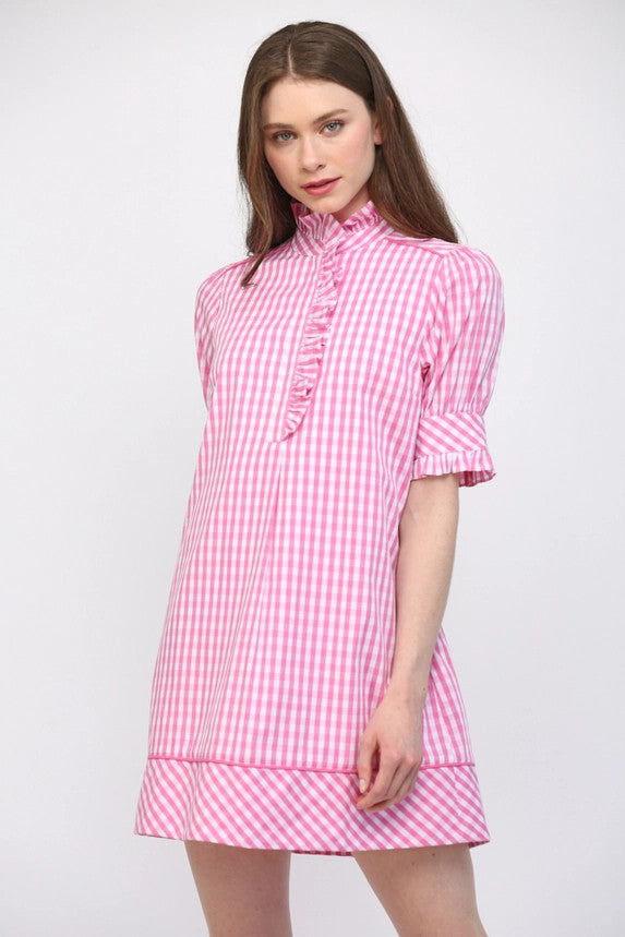 Fate Women's Pink & White Puff Sleeve Mini Dress