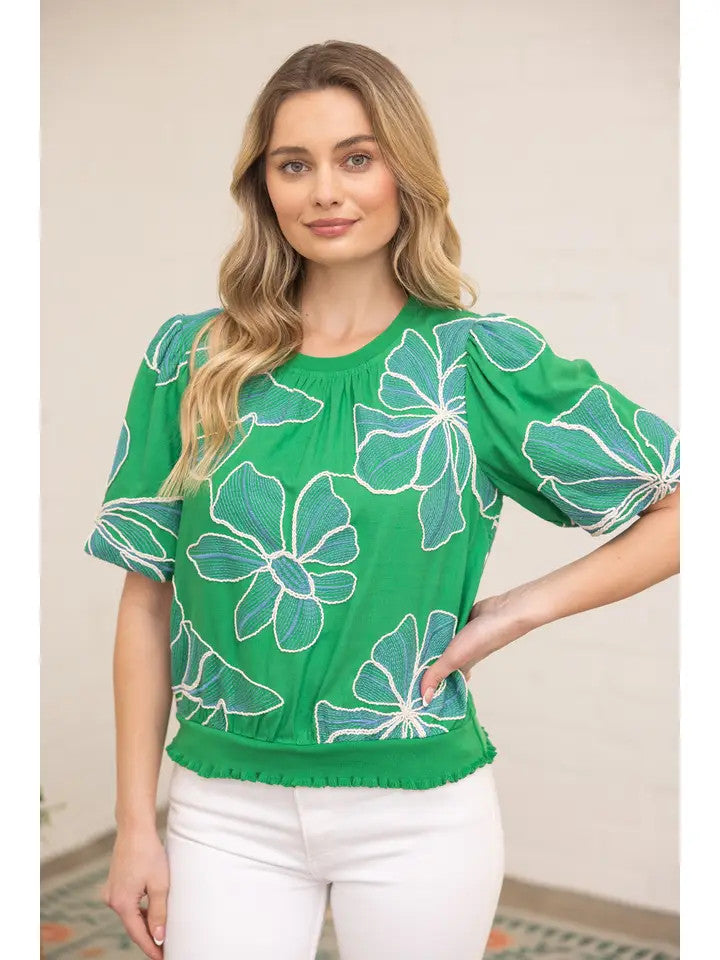 Voy Women's Green Floral Detailed Top