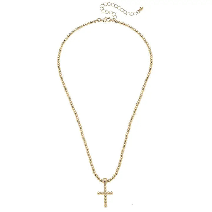 Canvas Poppy Beaded Cross Necklace in Shiny Gold