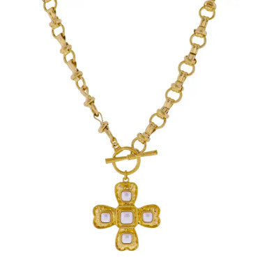 Jane Marie Gold Rolo Chain Necklace with Pearls Artisan Cross
