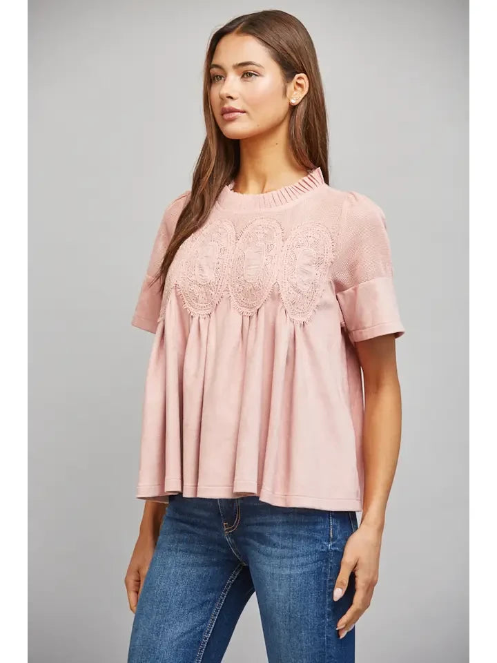 Fate Women's Blush Pink Lace Faux Suede Top