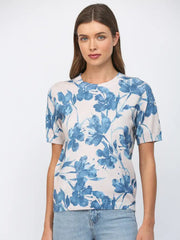 Fate Women's Blue and Beige Floral Short Sleeve Sweater
