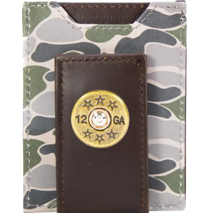 Zep-Pro Shotshell Men's Magnetic Front Pocket Old School Camo Leather Wallet - Green/Gray Camo