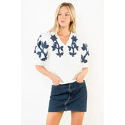 THML Women's Embroidered Puff Sleeve Top - White