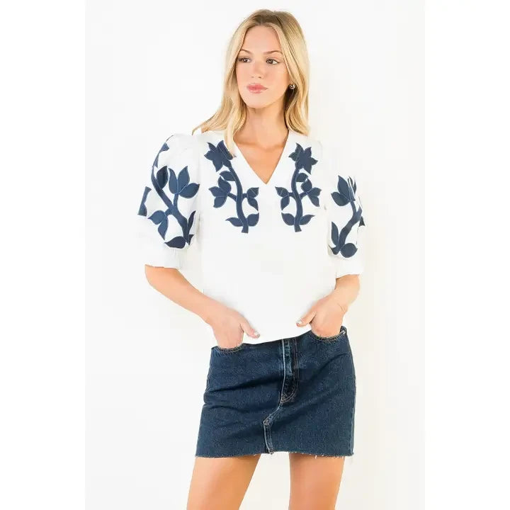 THML Women's Embroidered Puff Sleeve Top - White