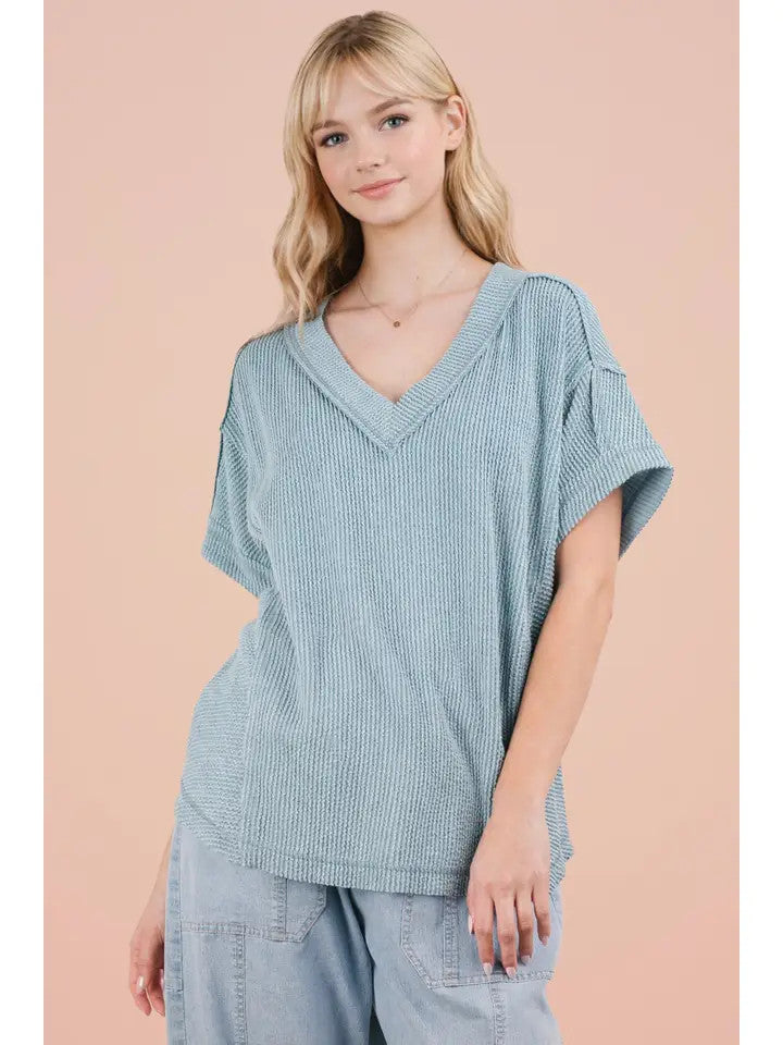 Very J Women's Soft Casual Comfy Textured Ribbed Knit Top - Blue