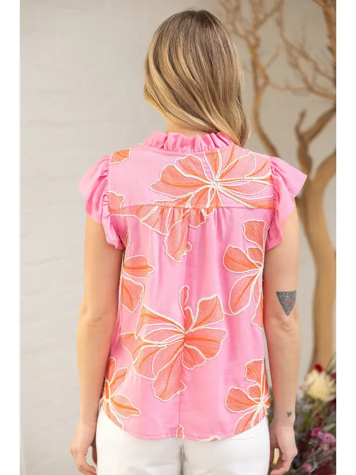 Voy Women's Pink Ruffled Embroidered Top