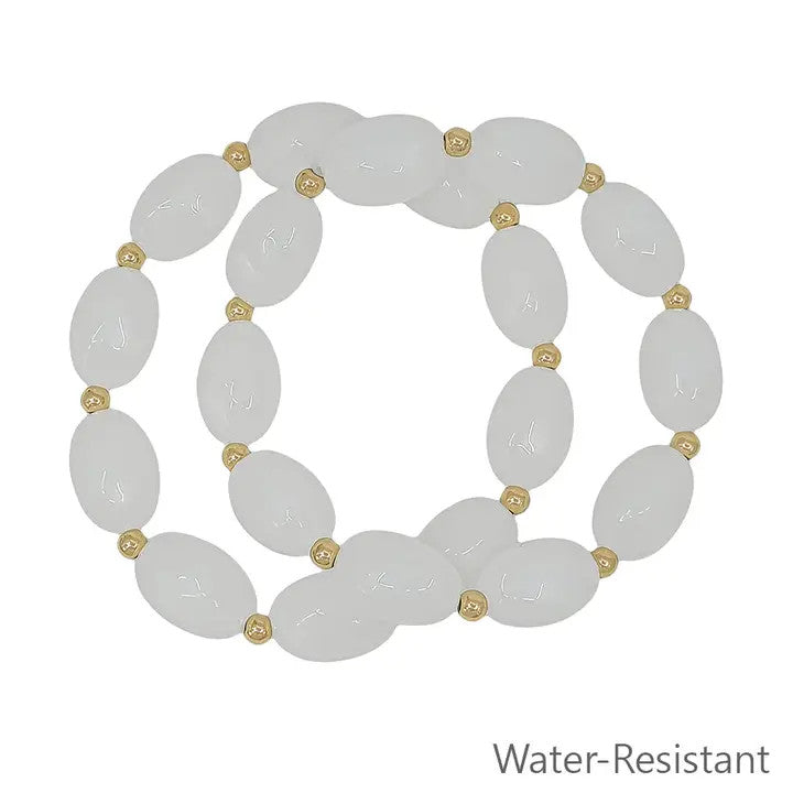 What's Hot Set of 2 White Oval Acrylic and Gold Beaded Stretch Bracelets