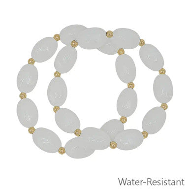 What's Hot Set of 2 White Oval Acrylic and Gold Beaded Stretch Bracelets