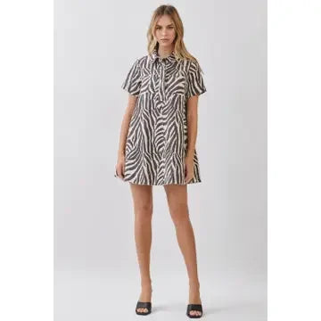 TCEC Women's Zebra Print Button Down Collared Mini Dress