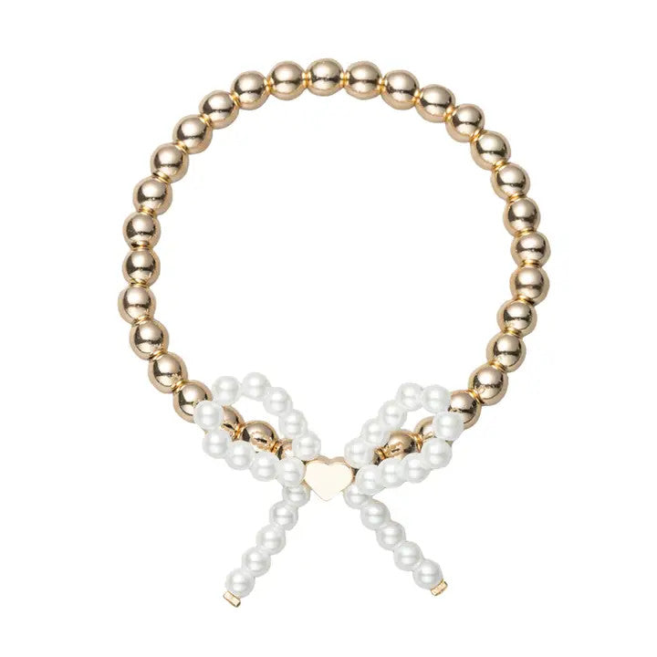 Jane Marie Gold Beaded Stretch Bracelet with Pearl Bow