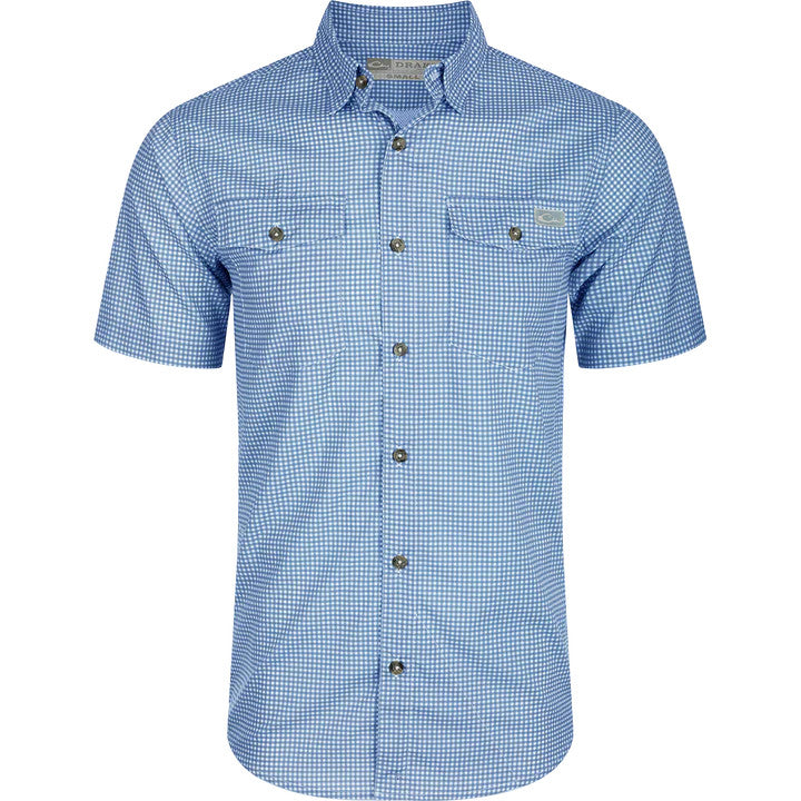Drake Men's Frat Gingham Check Button-Down Short Sleeve Shirt - Marina  Blue