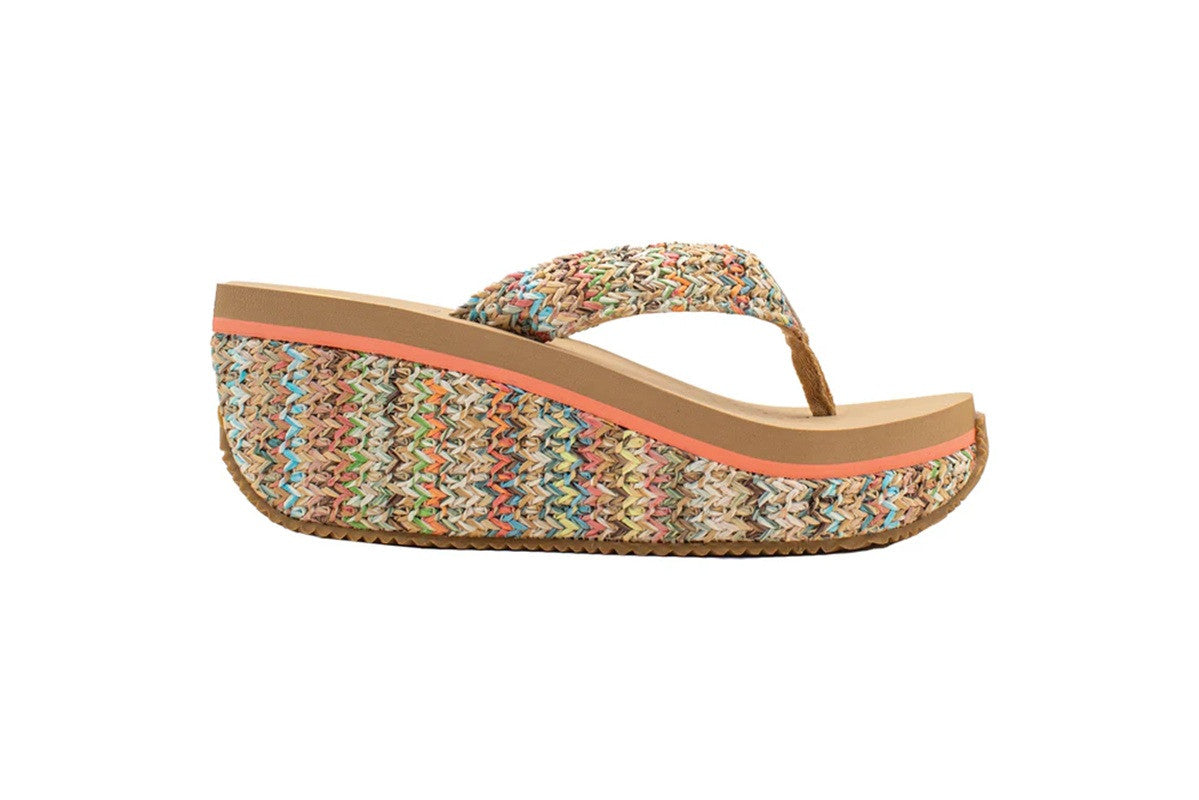 Volatile Island Synthetic Raffia Thong Wedge Sandal - Bright Multi