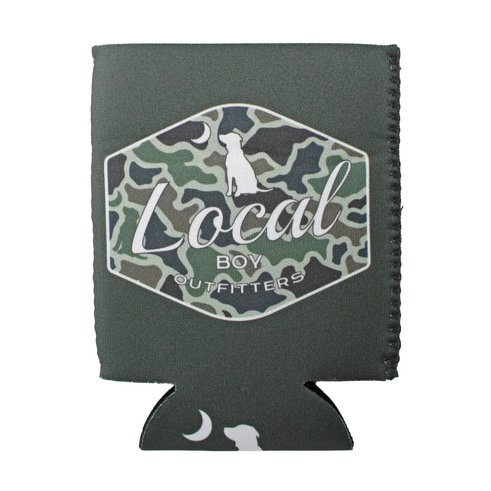 Local Boy Dog & Moon Camo Badge Koozie