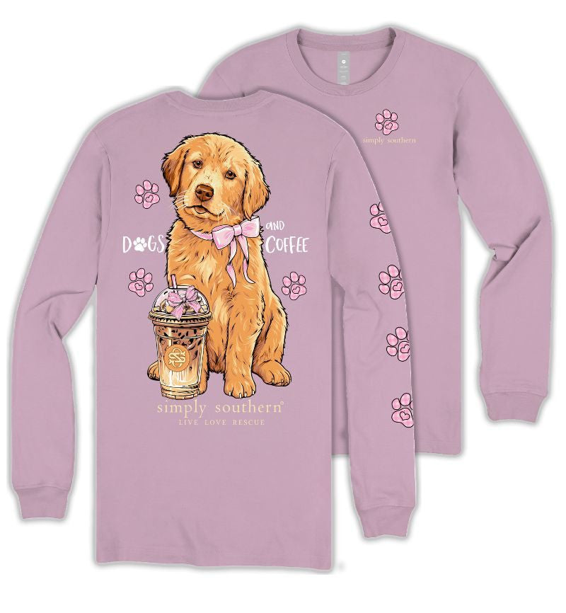 Simply Southern Women's Long Sleeve Dogs & Coffee T-Shirt - Wisteria