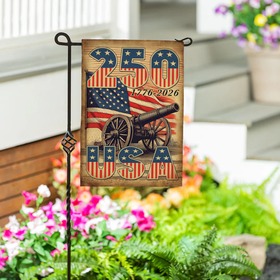 Evergreen 250th Anniversary Cannons Burlap Garden Flag
