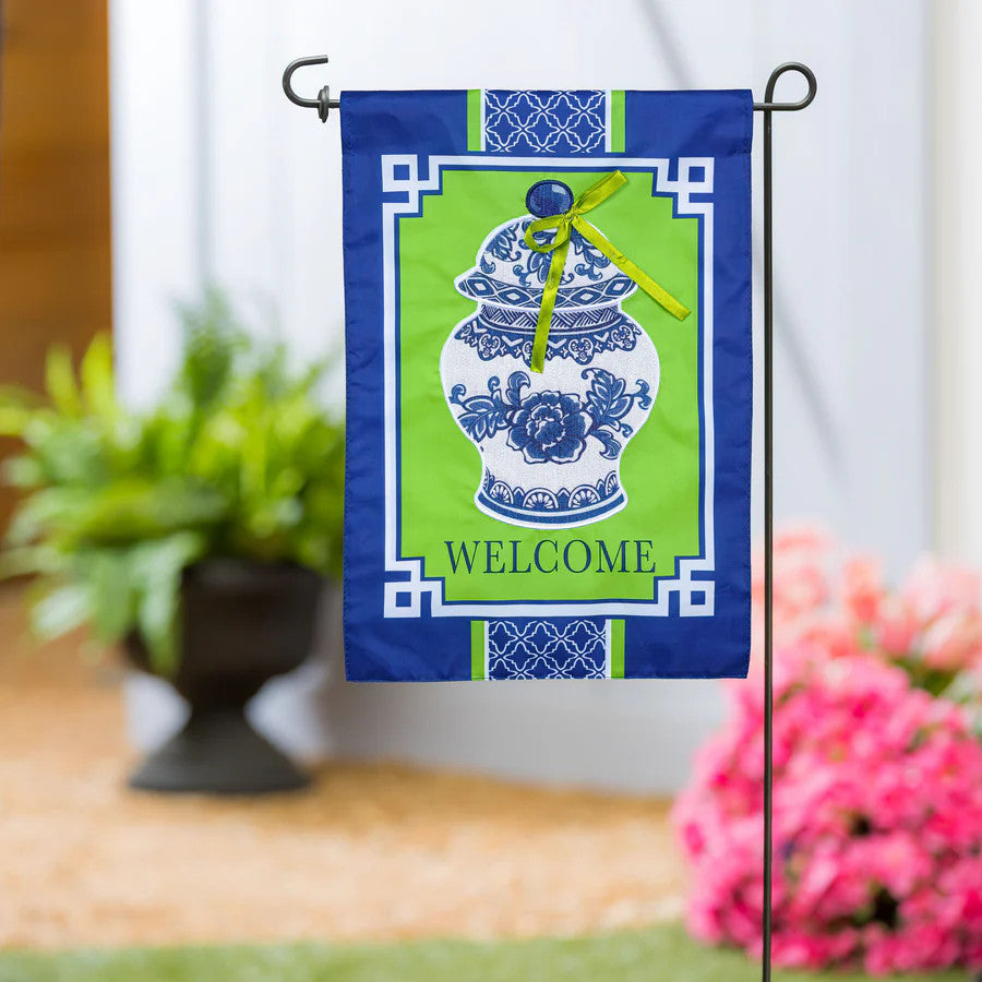 Evergreen Chinoiserie Welcome Applique Garden Flag