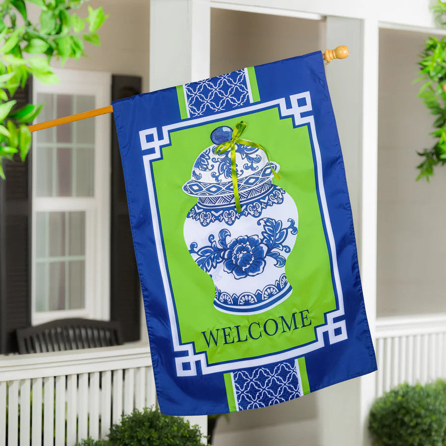 Evergreen Chinoiserie Welcome Applique House Flag