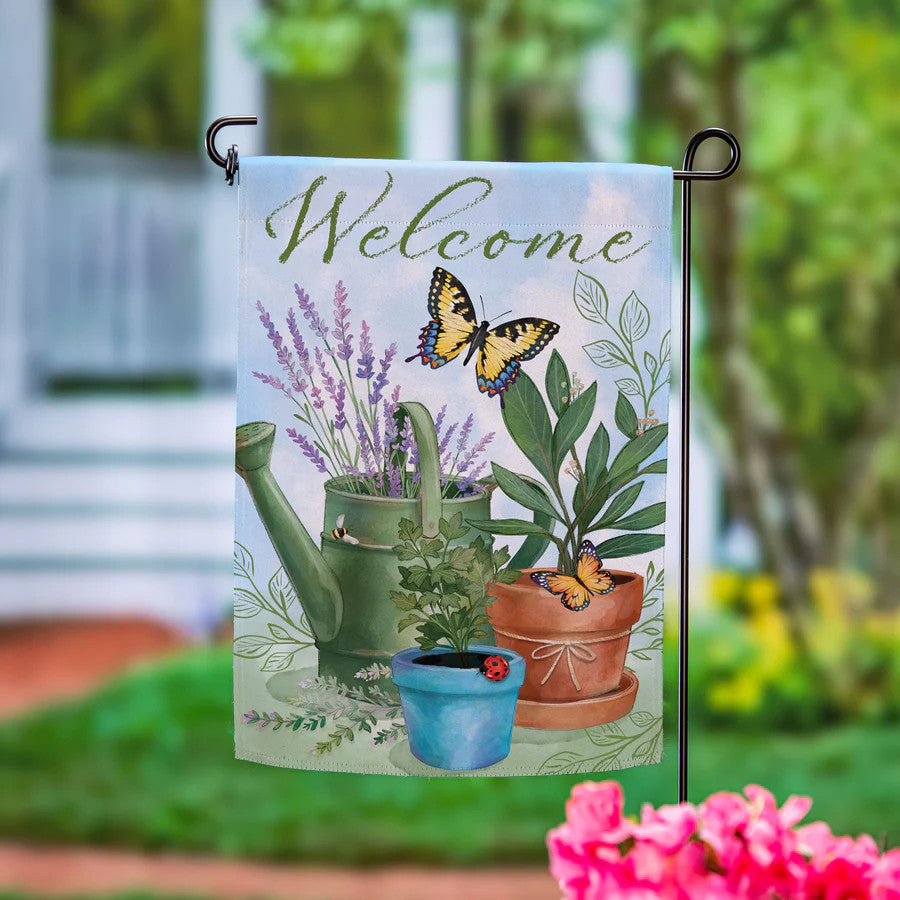 Evergreen Pollinator Garden Watering Can & Plants Suede Garden Flag