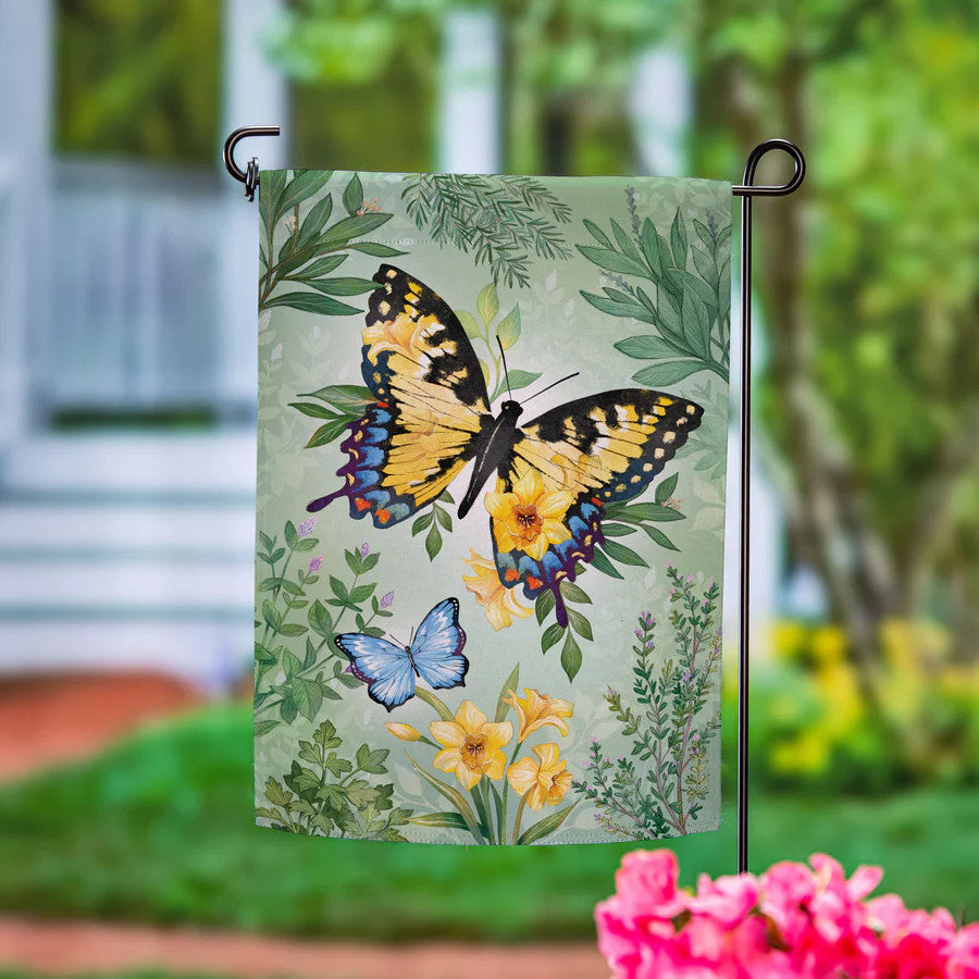 Evergreen Pollinator Garden Green & Yellow Florals Monarch Butterfly Suede Garden Flag