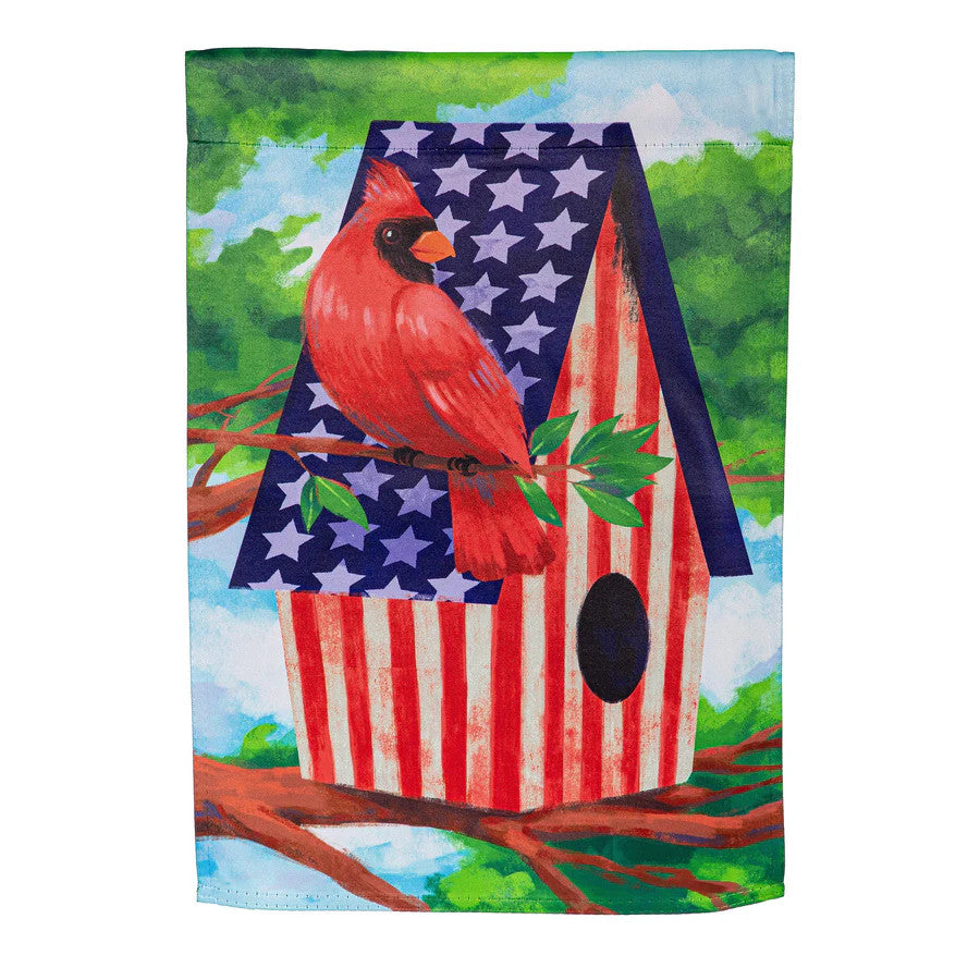 Evergreen Patriotic Cardinal Birdhouse Suede Garden Flag