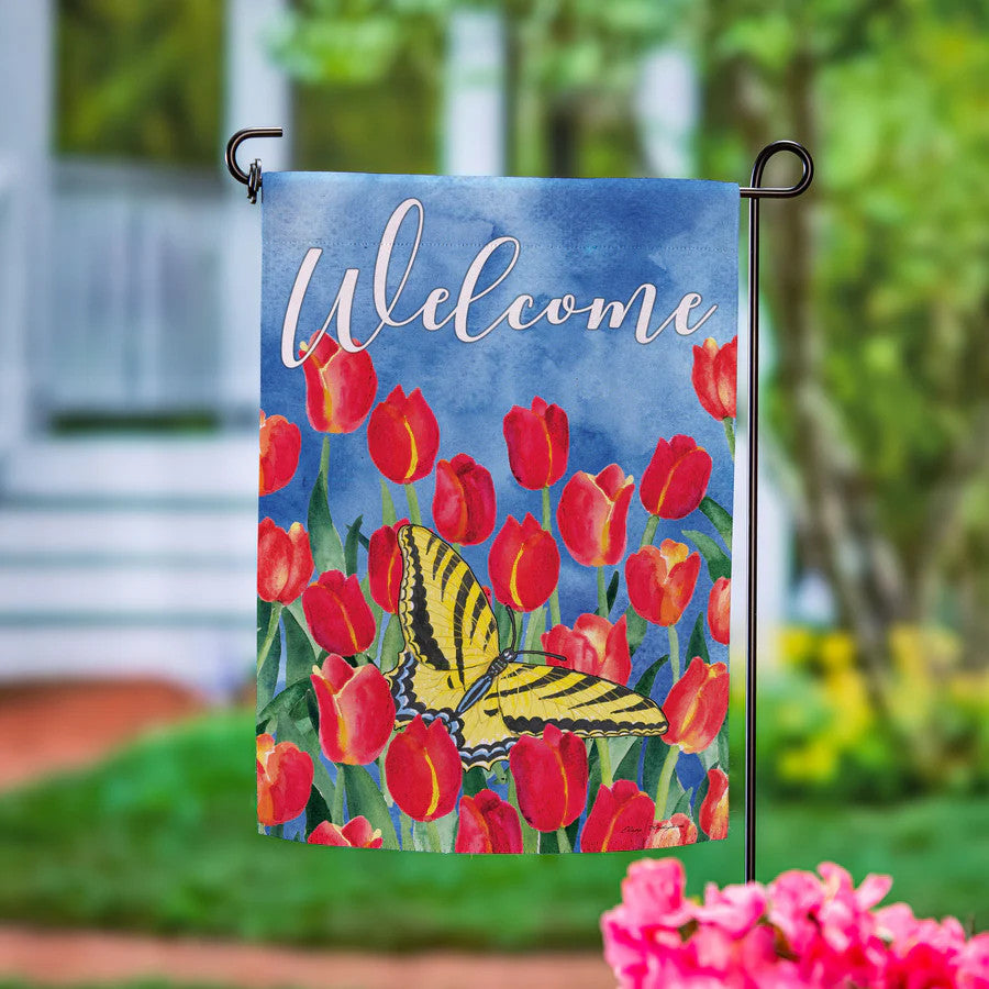 Evergreen Red Tulip Sky Suede Garden Flag