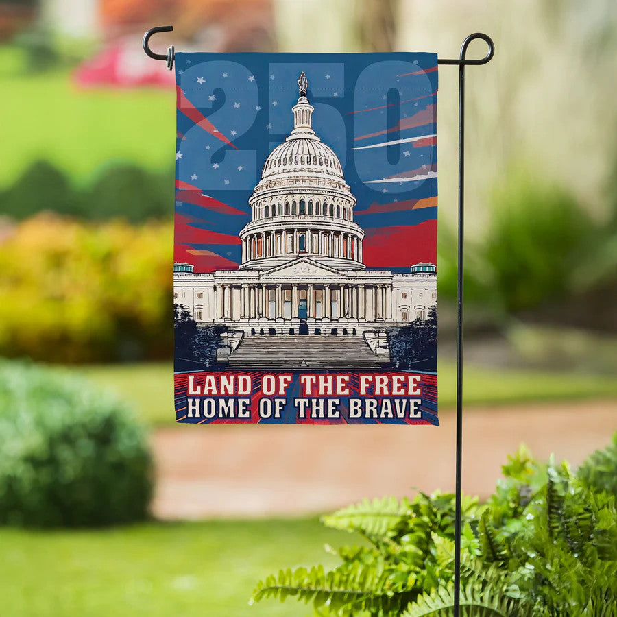Evergreen 250th Anniversary Land of the Free Home of the Brave Suede Garden Flag
