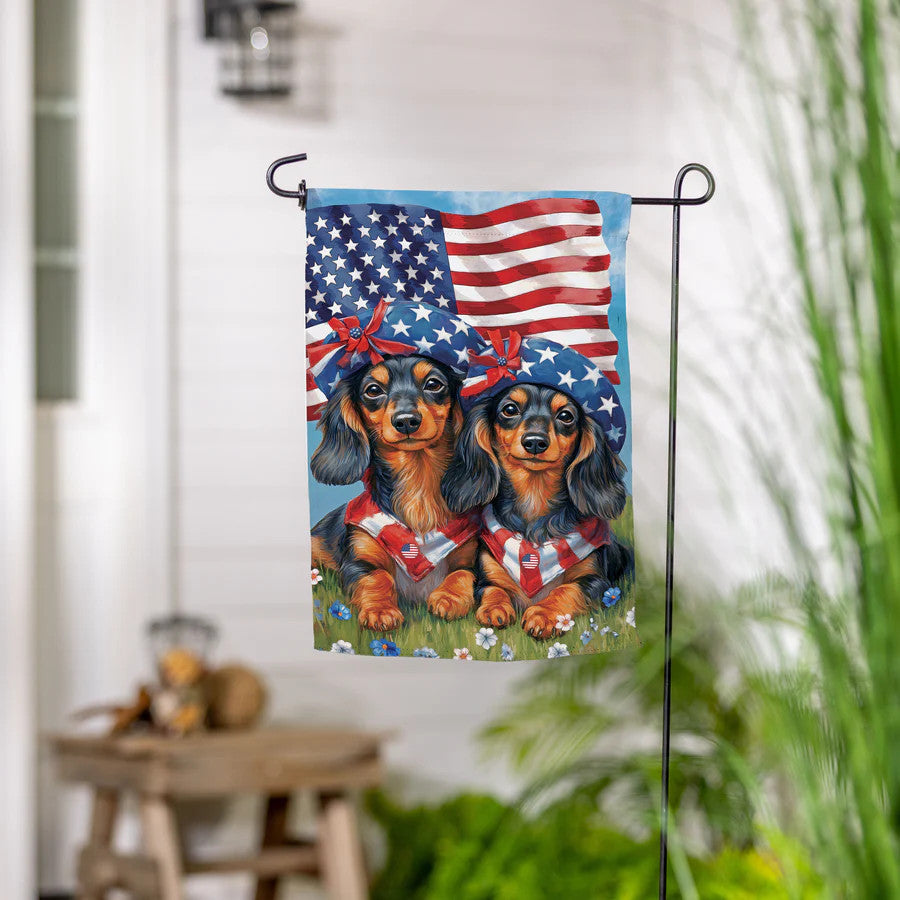 Evergreen Patriotic Dachshund Duo Suede Garden Flag