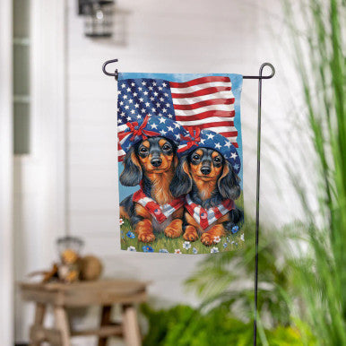 Evergreen Patriotic Dachshund Duo Suede Garden Flag