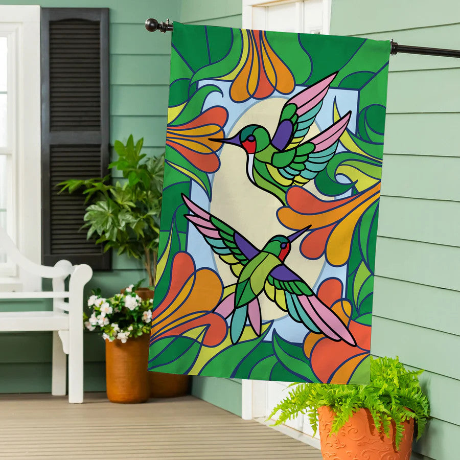 Evergreen Stained Glass Hummingbirds Burlap House Flag