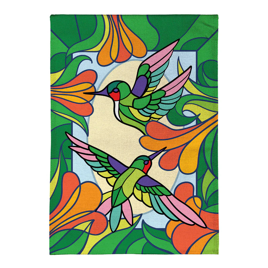 Evergreen Stained Glass Hummingbirds Burlap House Flag