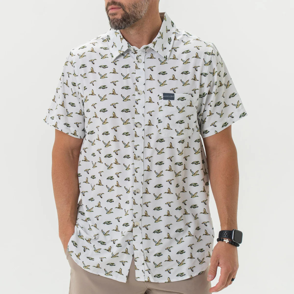 Burlebo Men's Performance Button Up - Flying Mallard Ducks