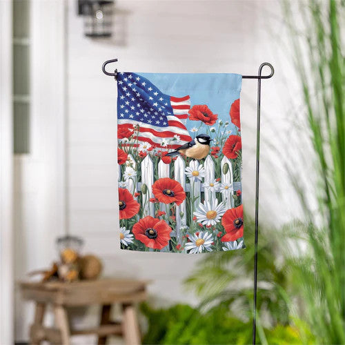 Evergreen Patriotic Poppies & Bird Suede Garden Flag
