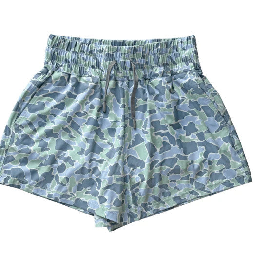 Old Row Women's Blue Camo High Waisted Shorts