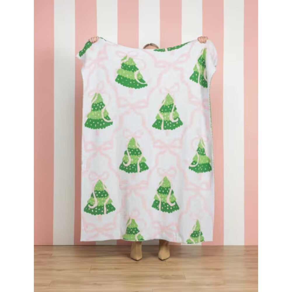 Mud Pie Pink Bow Christmas Tree Chenille Blanket