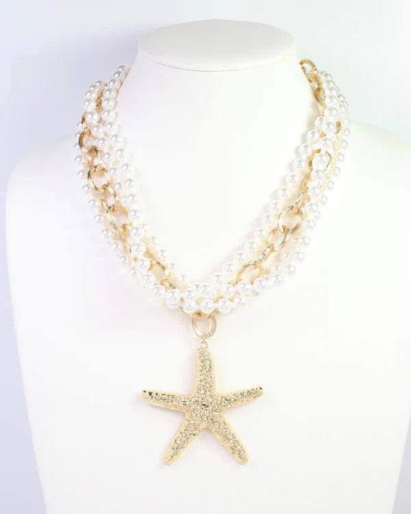 Caroline Hill Castine Pearl Starfish Layered Necklace Gold