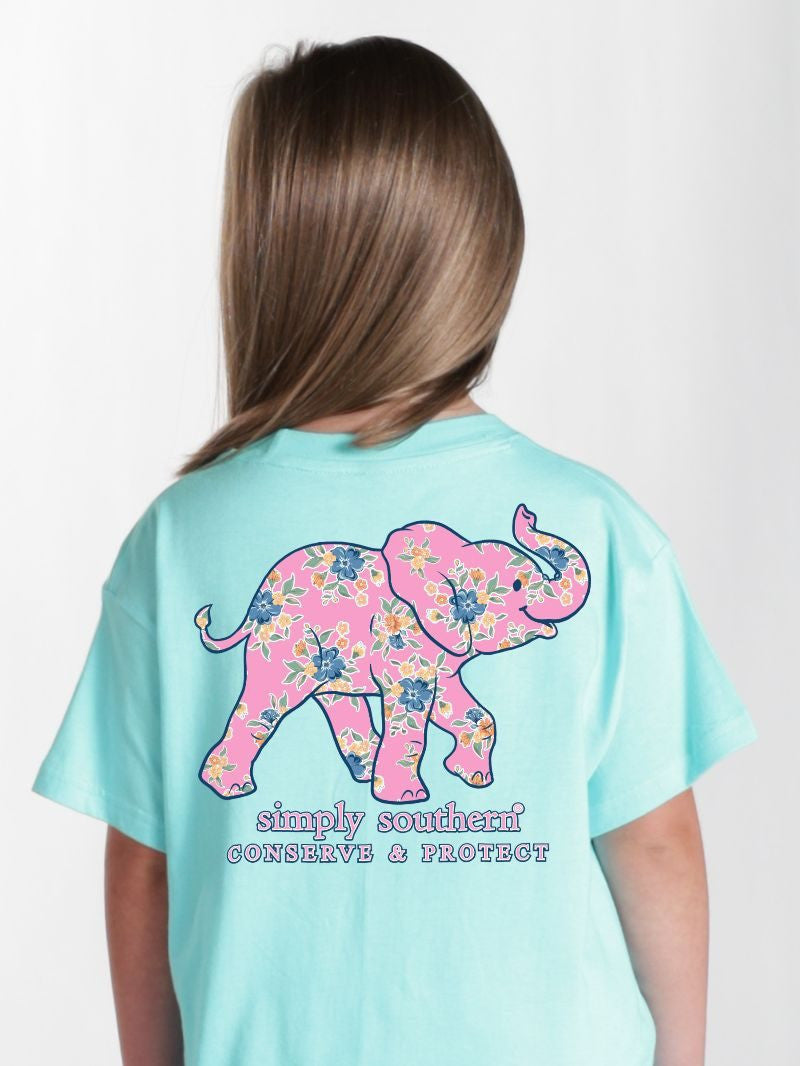 Simply Southern Youth Elephant Track 2 Tee - Floral Aqua
