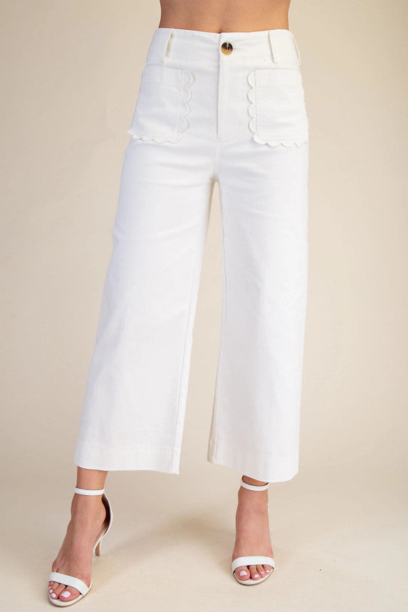 Glam Women's Colette Wide-Leg Scallop Pocket Pants - White