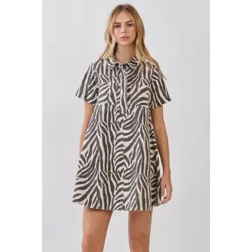 TCEC Women's Zebra Print Button Down Collared Mini Dress
