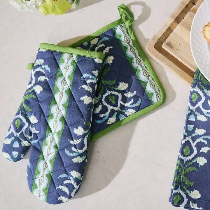 Laura Park Rosemary Stripe Indigo Oven Mitt and Pot Holder Set