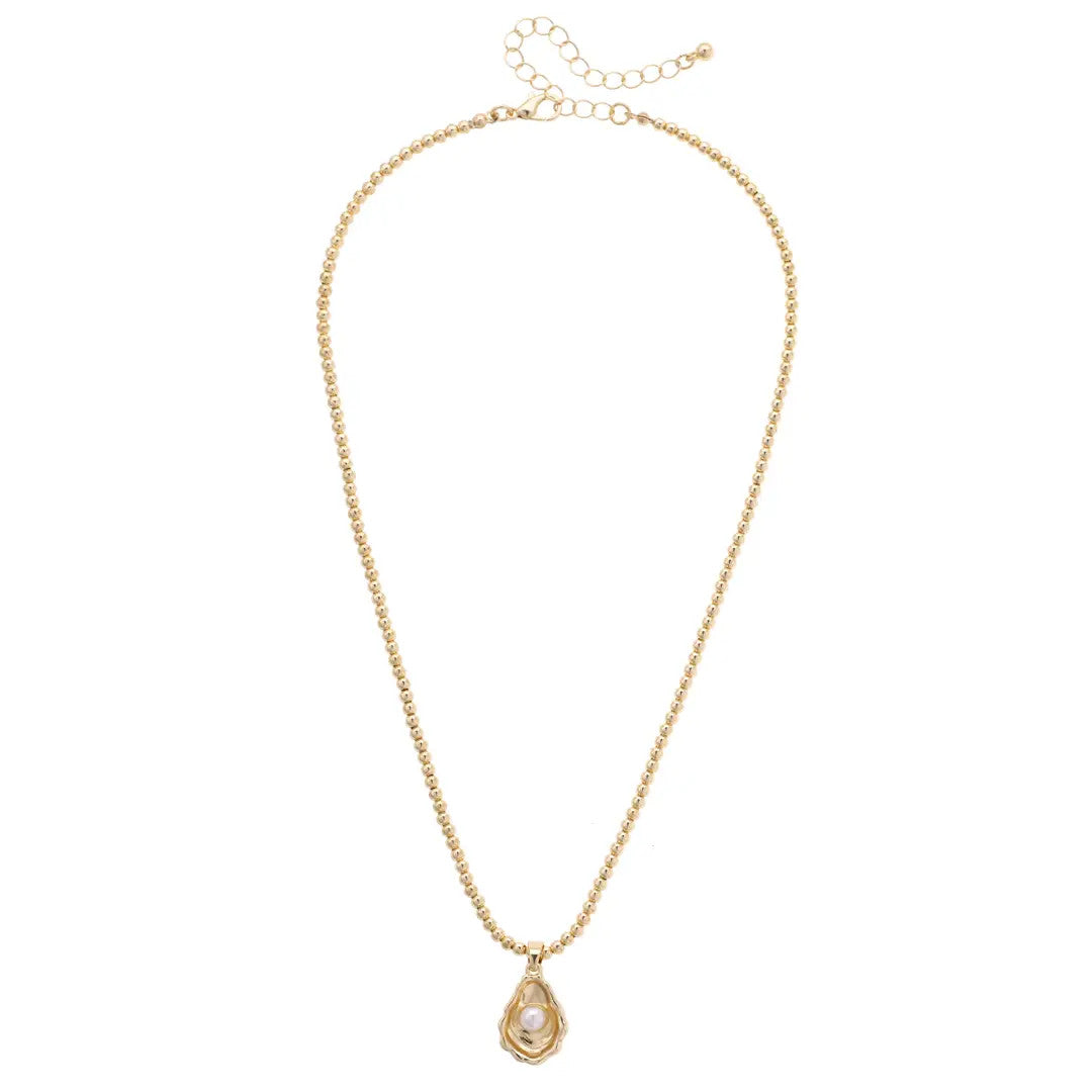 Canvas Oyster & Pearl Ball Bead Necklace - Shiny Gold