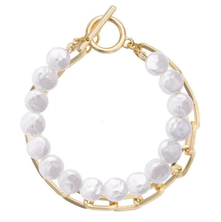 Canvas Coco Layered Pearl Toggle Bracelet - Shiny Gold