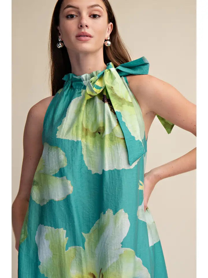 Glam Women's Ruffle Neck Tie Sleeveless Midi Floral Dress - Sage