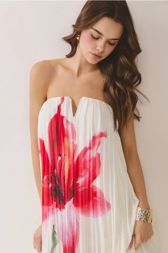 TCEC Women's Cream Floral Pleated Strapless Maxi Dress