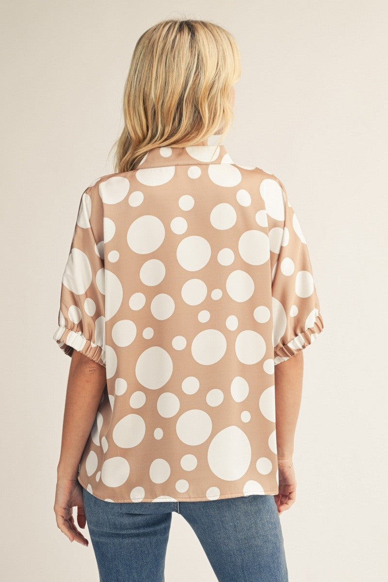 Jodifl Women's Taupe Polka Dot Print Satin Top