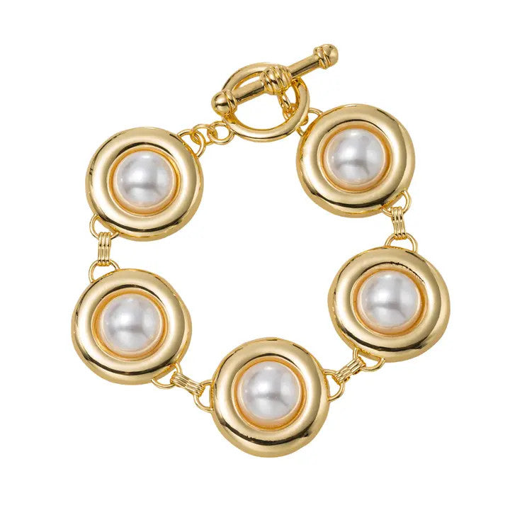 Jane Marie 18k Gold Plated Station Disks with Pearl Toggle Bracelet