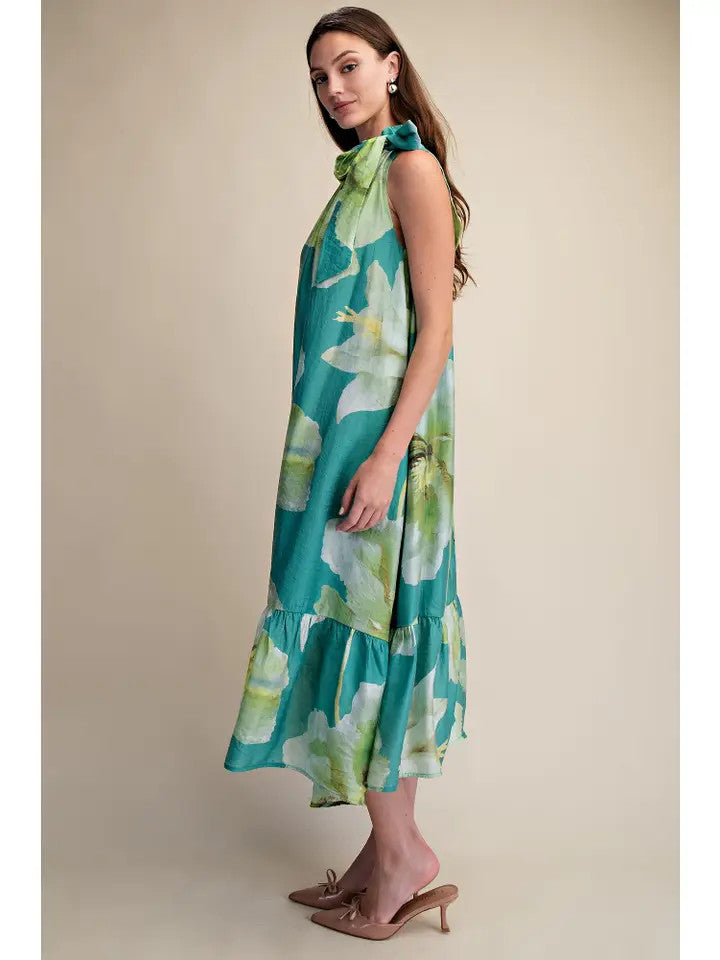 Glam Women's Ruffle Neck Tie Sleeveless Midi Floral Dress - Sage
