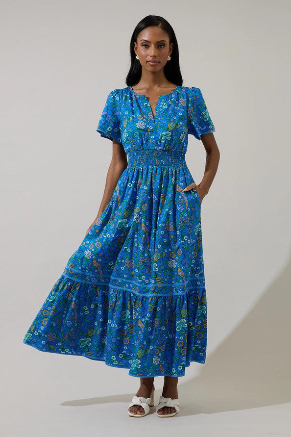 Sugar Lips Women's Heidy Floral Ordy Smocked Midi Dress - Blue Greens