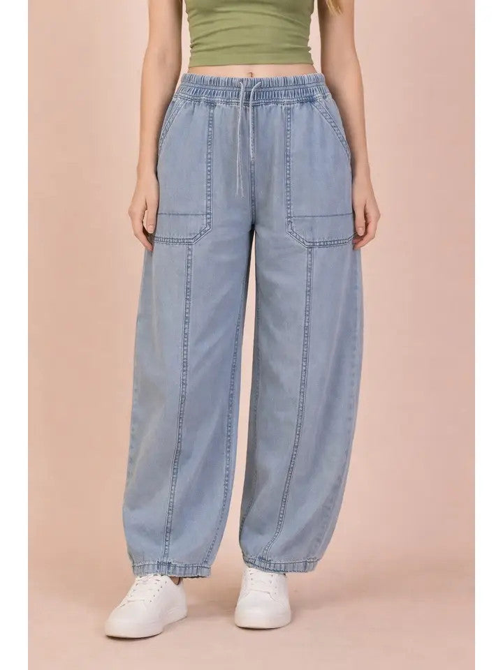 Very J Women's Light Indigo Mineral Washed Barrel Pants - Light Indigo