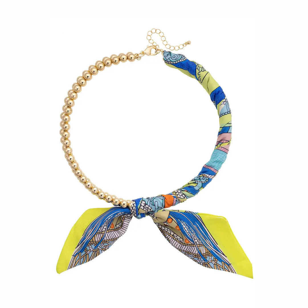 Canvas Nova Ball Bead Scarf Necklace in Lime Green/Blue/White